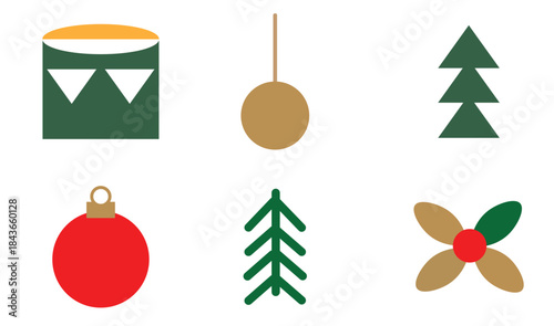 Stylized Christmas symbols in simple geometric shapes on a white background.