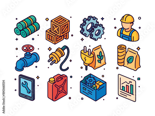 Colorful Production Icons. Production inputs. Colorful isometric