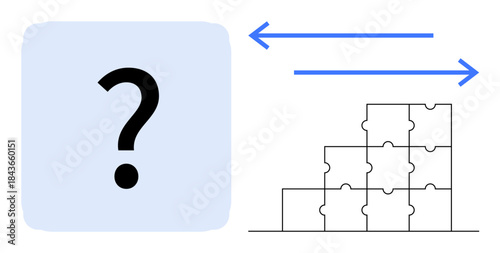 Problem solving. Question mark next to puzzle pieces and directional arrows challenges and solutions. Problem solving aids innovation, teamwork, and strategic thinking. Ideal for education, teamwork