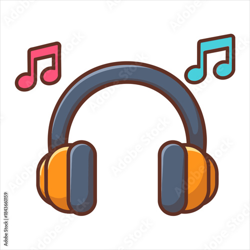 Cartoon headphones with orange earcups and musical notes floating above.