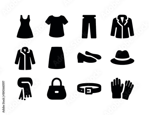 Clothing Icons Grid. Clothing items. Solid icon set of Clothing
