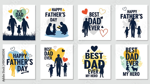 Set of eight decorative greeting cards celebrating Father's Day with heartwarming silhouettes and text designs