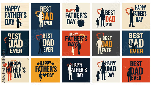 Happy Father's Day best dad ever greeting cards collection with father and son silhouette illustrations