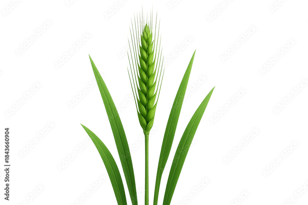 Obraz premium Green wheat ear growing with leaves, agricultural cereal plant, raw grain sprout on transparent background