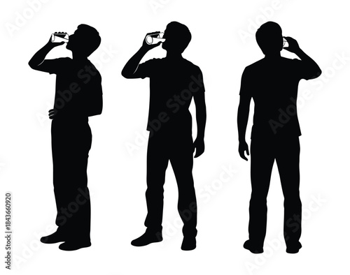 Man Drinking Water Silhouette Set Male Hydration Action Collection