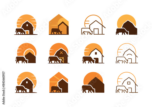 Sunset Grazing Icons. Sunset grazing. Icon set. Set Logo of Suns