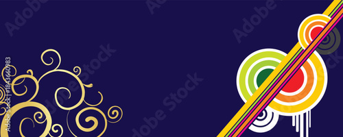 Abstract dark blue background with golden floral swirls and colorful circles stripes, vibrant graphic design with retro elements and artistic flair