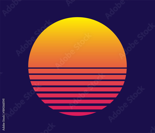 A vibrant yellow-to-pink gradient circle sits on a dark indigo background. Horizontal pink lines fill the lower half creating a classic retrowave 80s aesthetic.