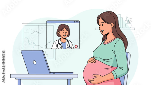 Pregnant Woman Using Laptop for Remote Health Consultation