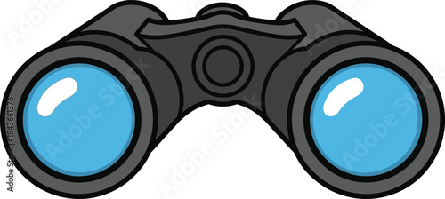 Cartoon illustration of a pair of black binoculars with bright blue lenses, perfect for outdoor exploration, distant observation, and adventure