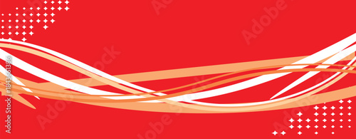 Vibrant red background with dynamic white and orange wavy stripes, abstract design featuring geometric star patterns for an energetic visual display
