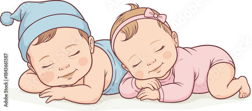 Adorable vector illustration of twin baby boy and girl sleeping peacefully side-by-side, symbolizing childhood, innocence, sweet dreams, and newborn contentment.