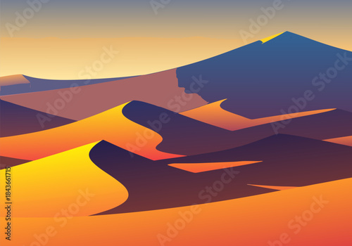 A minimalist and stylized illustration of a desert landscape at sunset, featuring rolling sand dunes in warm orange, yellow, and purple hues under a gradient sky.