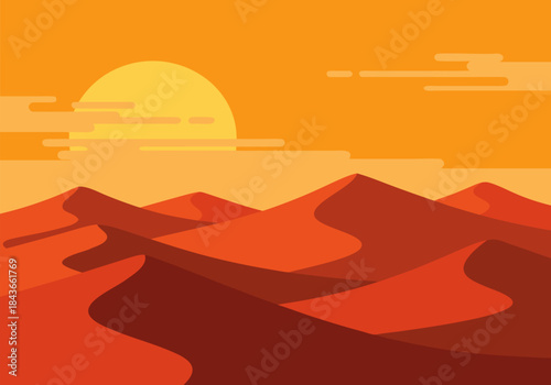 A minimalist vector illustration of a desert landscape with rolling sand dunes under a large setting sun and an orange sky.
