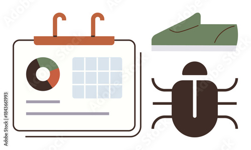 Calendar with pie chart and data grid, shoe for sustainability, bug for debugging, innovation, and workflow. Ideal for planning, software, environment, analysis productivity research simple flat