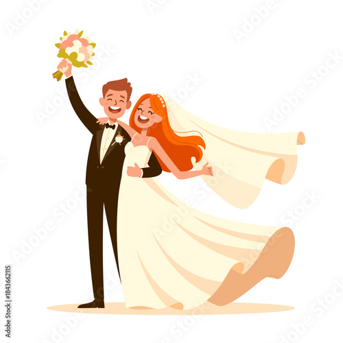 A cheerful newlywed couple embraces their wedding day joyfully, smiling widely as they celebrate love and commitment, embodying happiness and the spirit of togetherness.