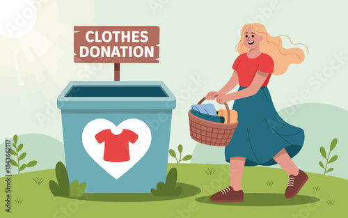 A cheerful woman is walking towards a clothes donation box carrying a basket filled with clothing, contributing positively to her community and promoting charity.
