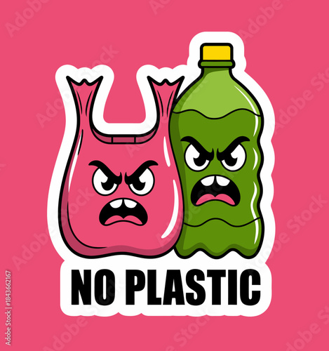 A vivid illustration of two annoyed plastic items representing the fight against pollution, urging viewers to eliminate plastic usage for a cleaner environment.