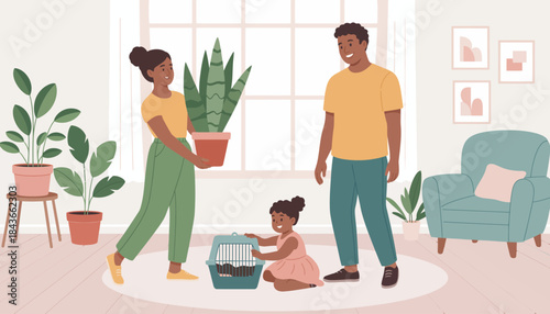 A joyful family interacting in their living space with a pet, symbolizing love, togetherness, and the warmth of a home filled with laughter and memories.