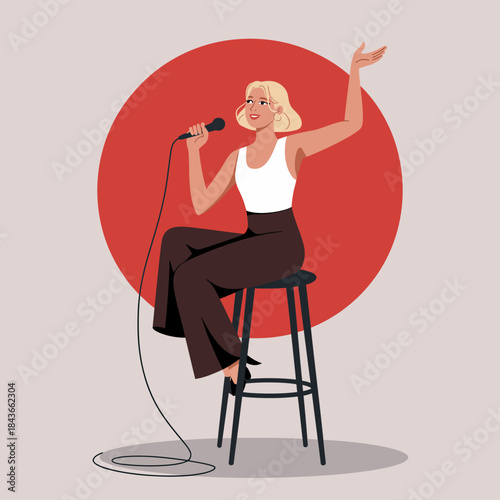 A confident singer passionately performs on stage with a microphone, capturing the essence of artistry, self-expression, and the thrill of live entertainment.