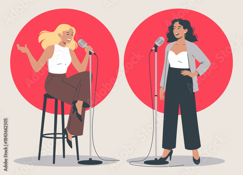 This vibrant graphic portrays two women confidently performing at microphones, highlighting the expressive power of music and the celebration of female voices in artistry.