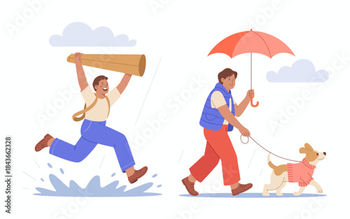 This lively illustration features two boys joyfully walking their dog in the rain, showcasing friendship, fun, and the bond between pets and their owners in a playful manner.
