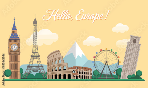 A charming illustration of famous European landmarks, including the Eiffel Tower and Big Ben, accompanied by a cheerful message that embraces the beauty and culture of Europe.