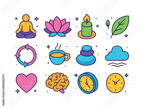 Isometric Mindfulness Icons. Mindfulness. Colorful isometric vec