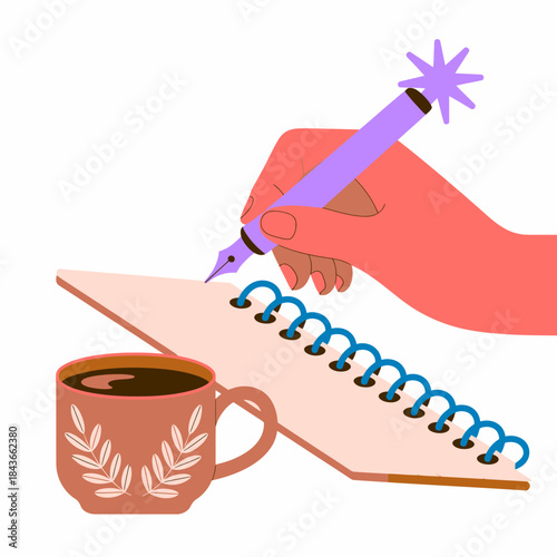 An artistic portrayal of a hand writing notes beside a warm coffee mug, featuring a whimsical pen, conveying creativity, focus, and the joy of writing in a cozy setting.
