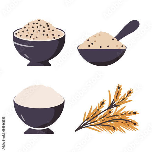 Four illustrations of rice in bowls and a bunch of wheat ears isolated on white background