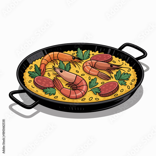 An illustrative depiction of a seafood paella dish, notably featuring shrimp and sausage, showcasing vibrant colors and texture that symbolize culinary traditions.