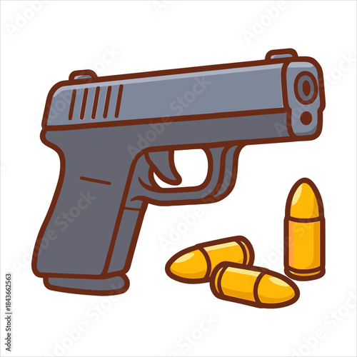 Cartoon pistol with ammunition a detailed illustration of firearm and bullets.