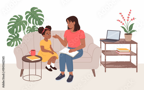 A heartwarming illustration of a mother and her young daughter sharing an engaging moment on a cozy sofa, symbolizing the beauty of family bonds and nurturing relationships.