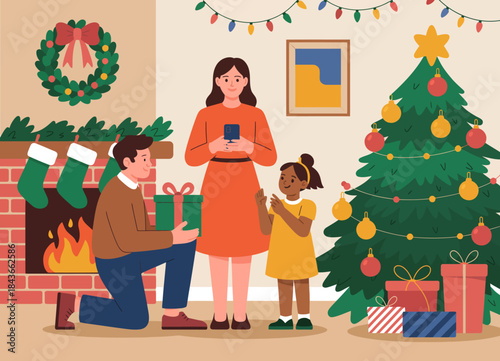 This heartwarming illustration captures a family celebrating Christmas with gifts, a decorated tree, and festive decorations, conveying love, joy, and holiday spirit.