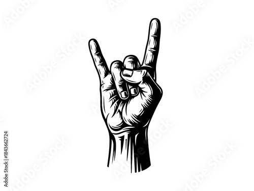 A black and white illustration of a hand making the rock on gesture with the index and pinky fingers extended.