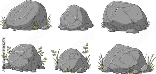 Hand-drawn vector cartoon gray rock stone boulder set with grass and small plants, natural environment decoration elements, detailed sketch illustration assets for game design