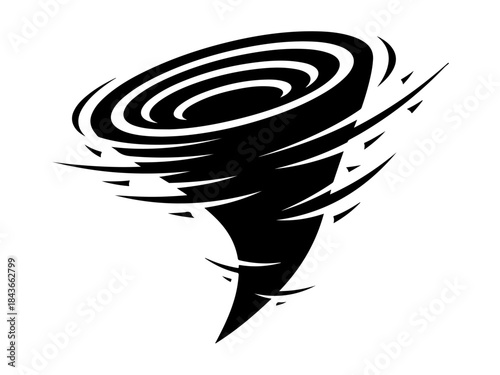 A stylized black and white illustration of a powerful tornado swirling with debris.
