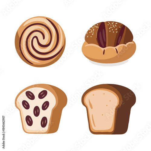 Four delicious baked goods including a cinnamon roll a rustic loaf sliced raisin bread and a slice of white bread isolated on white background