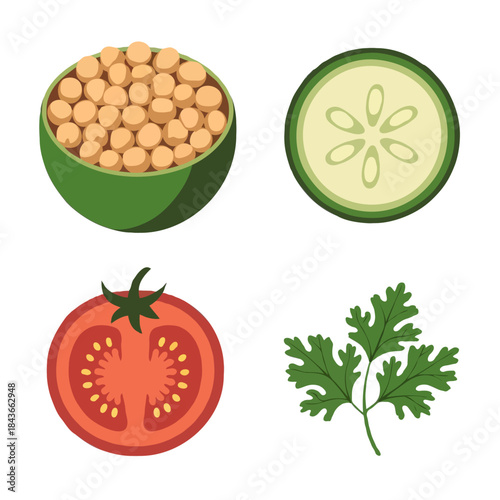 Four fresh ingredients for a healthy salad including chickpeas tomato cucumber and parsley isolated on white background