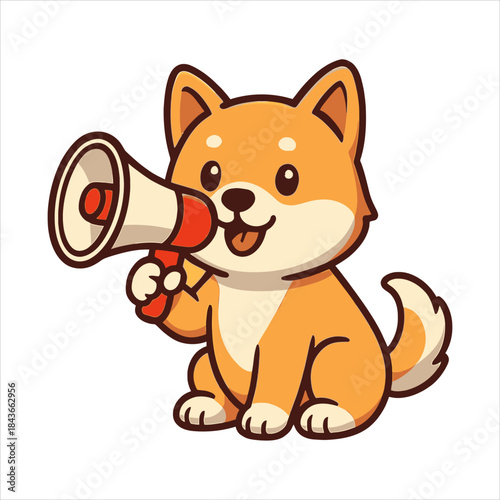 Cartoon Shiba Inu Puppy Holding a Megaphone Ready to Speak Up.