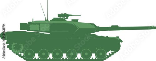 Modern Main Battle Tank Vector Silhouette Illustration, Armored Army Military Vehicle Profile, War and Defense Technology, Green Color Isolated Graphic Element,