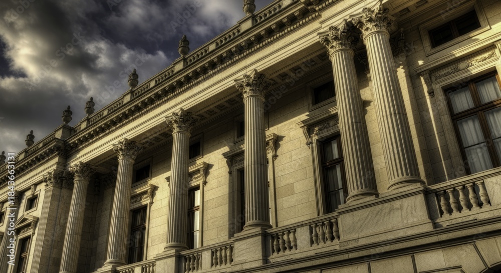 Naklejka premium Majestic Classical Building with Grand Columns under Dramatic Sky