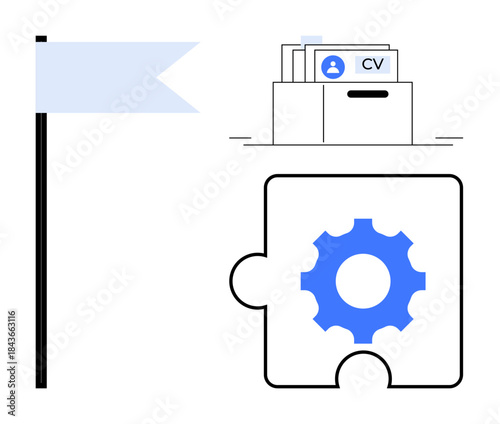 Human resources management. Gear puzzle highlights efficient systems in human resources management, with resumes and a flag career goals. For HR systems, recruitment, team building, career planning
