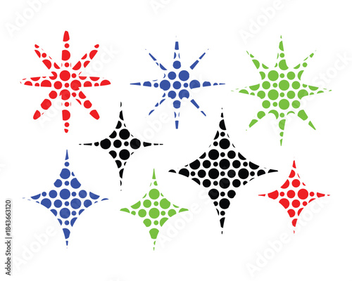 Set of eight colorful stylized stars made of dots