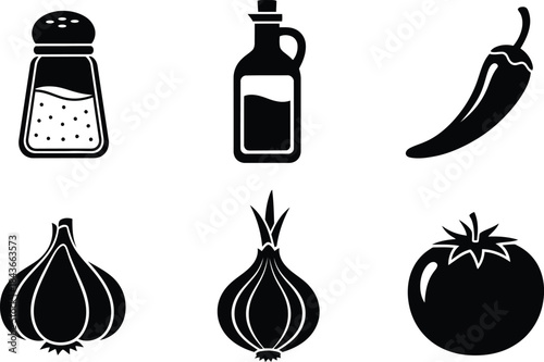 Culinary icons featuring a salt shaker, oil bottle, chili pepper, garlic, onion, and tomato for food preparation