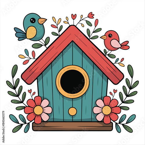 Cute Birdhouse with Colorful Birds and Spring Flowers