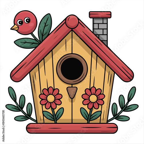 Cute Birdhouse with Red Bird and Flowers