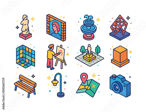 Colorful Public Art Icons. Public art. Colorful isometric vector