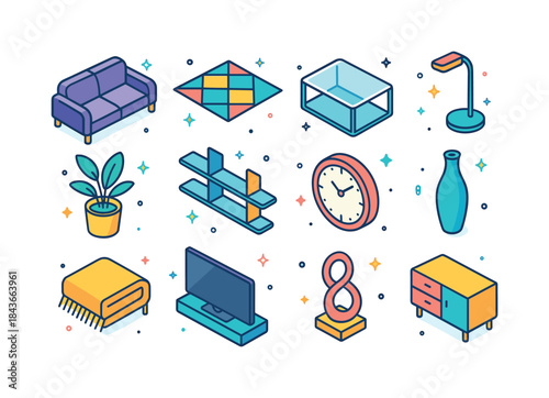 Colorful Living Room Icons. modern living room. Colorful isometr