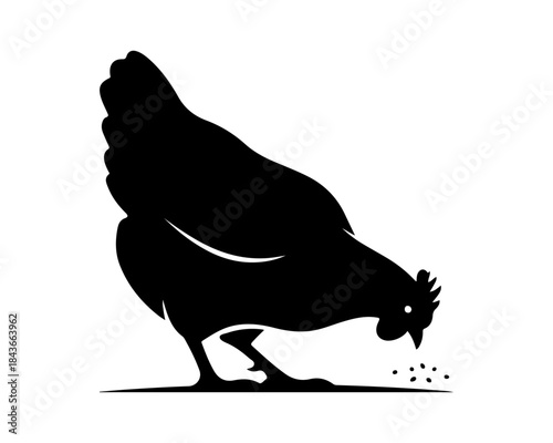 Dynamic black silhouette vector illustration of a chicken pecking for food, a simple and clean graphic icon representing farm animals and natural foraging behavior